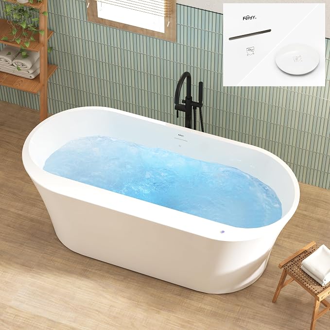 FerdY Mauritius 67 Inch Acrylic Freestanding Whirlpool Bathtub, Oval by FerdY