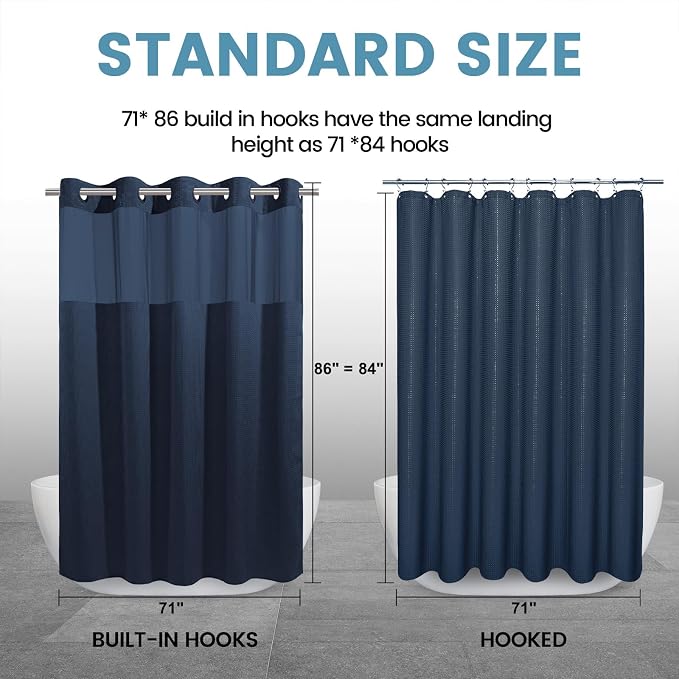 Navy Blue Long No Hook Shower Curtain - Image 7