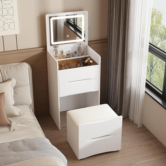 FUFU&GAGA Vanity Desk with Flip Top Mirror and Lights, Small Makeup Vanity Set - Image 2