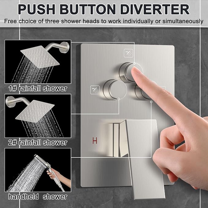 Iriber Shower Faucet Set Brushed Nickel, Push Button Diverter Bathtub Shower - Image 4