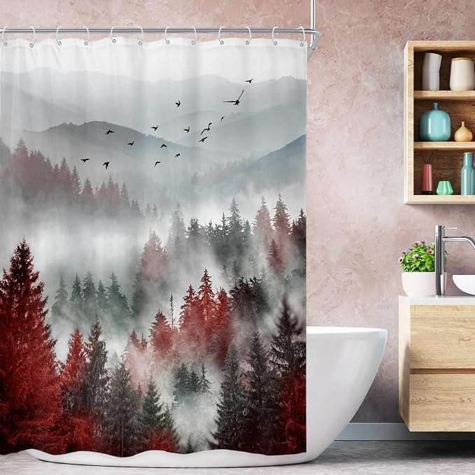 Riyidecor Red Black Mountain Shower Curtain 48Wx72H Inch, Stall Narrow Rv Small by Riyidecor