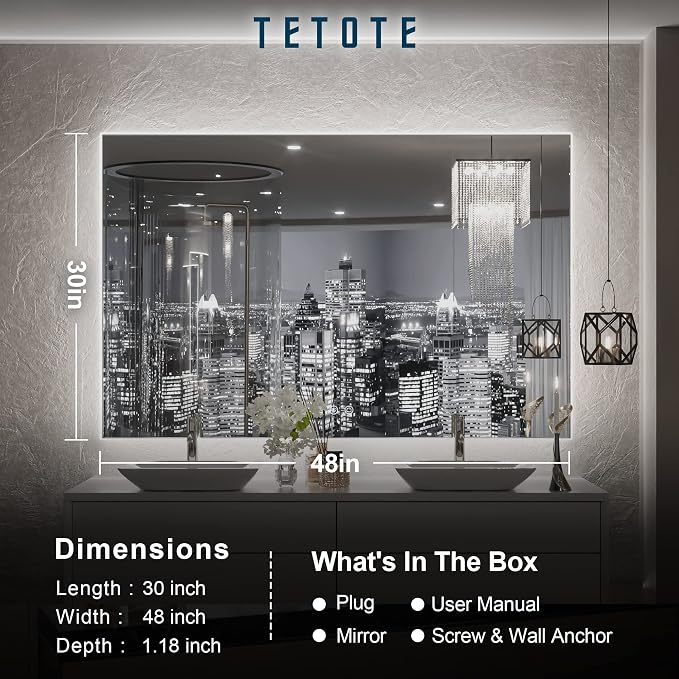 TETOTE 48 x 30 Inch LED Mirror Backlit Bathroom, Anti-Fog Mirror - Image 6