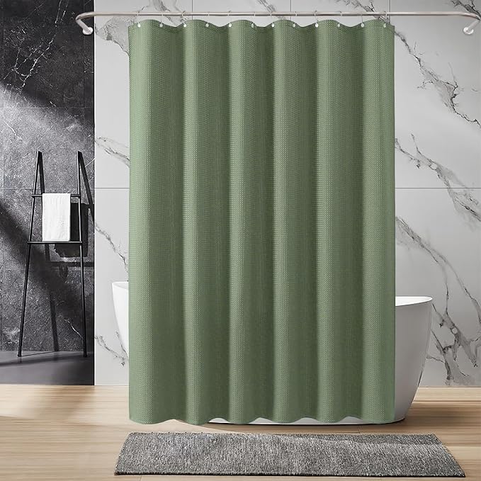 Inhousolu Fabric Shower Curtain Waffle Weave, Sage Green 230 GSM Heavy Duty - Image 8