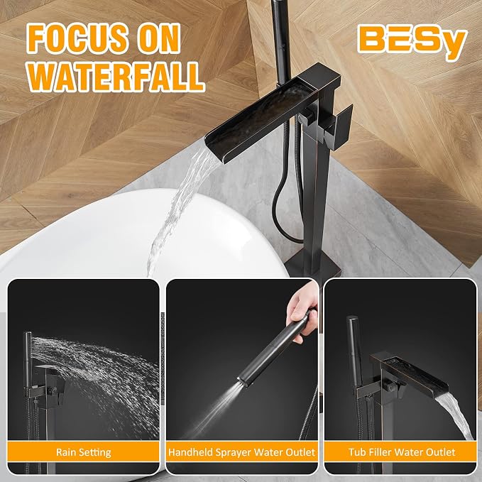 BESy Freestanding Bathtub Faucet Waterfall Tub Filler Oil Rubbed Bronze Floor - Image 2