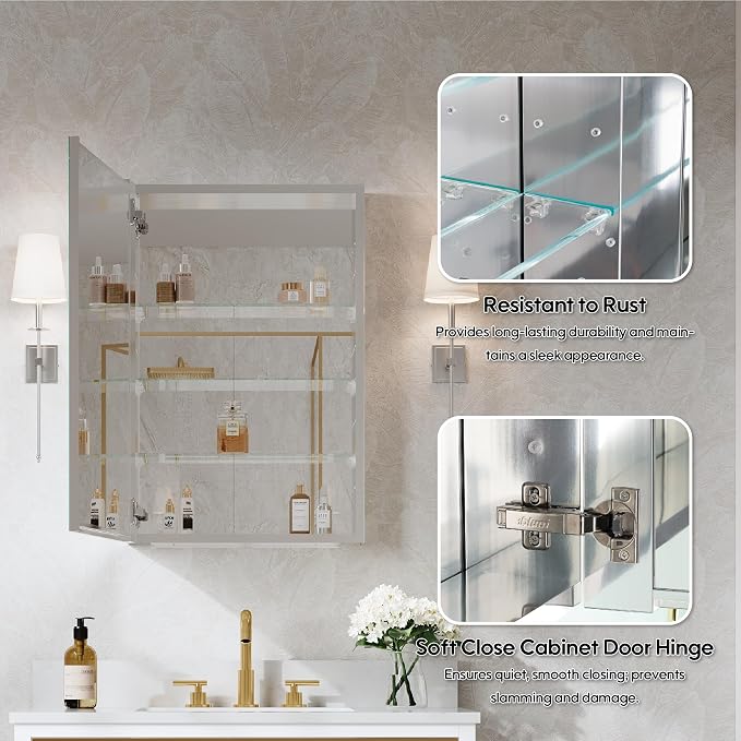 WELLFOR 20" x 30" Bathroom Medicine Cabinet, Anodized Chrome Aluminum Frame - Image 5