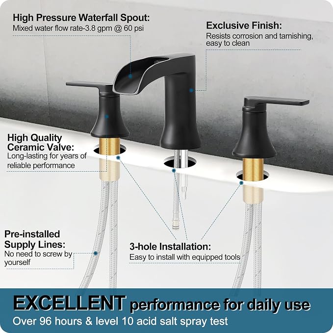 Solid Brass Waterfall Bathtub Faucets Set, 3 Hole Matte Black Tub Faucet 2 - Image 5