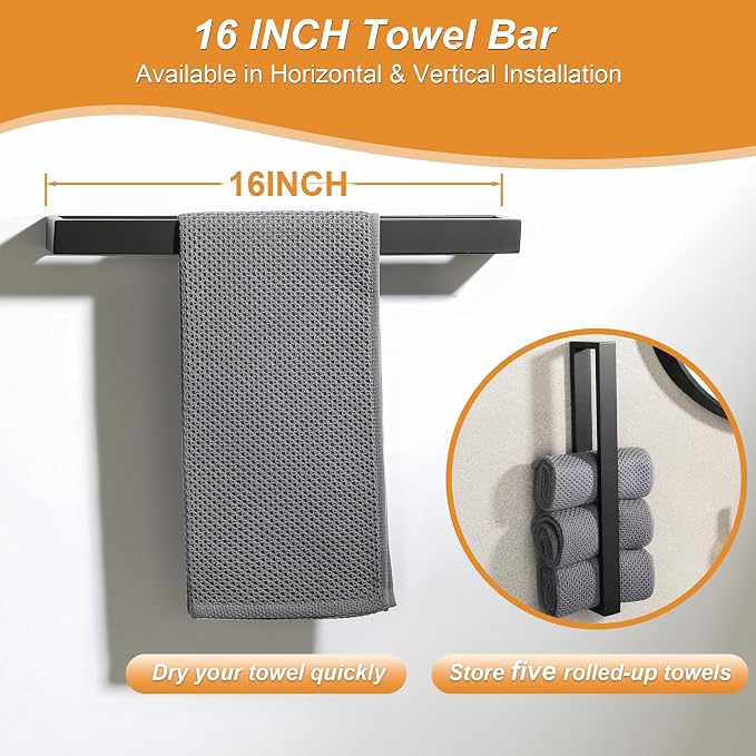 SAYAYO 7-Piece Bathroom Hardware Set Black, Includes 16 Inch Towel Bar - Image 4