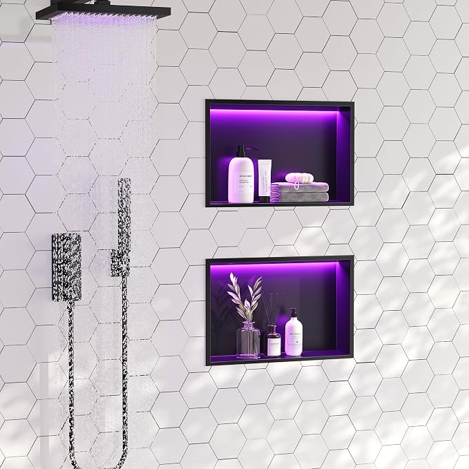 RGB LED Light Shower Niche, Matte Black 18X12 in Stainless Steel Recessed - Image 2