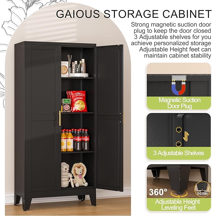Metal Storage Cabinet With 2 Doors and 3 Adjustable Shelves, Utility Cabinet - Image 3