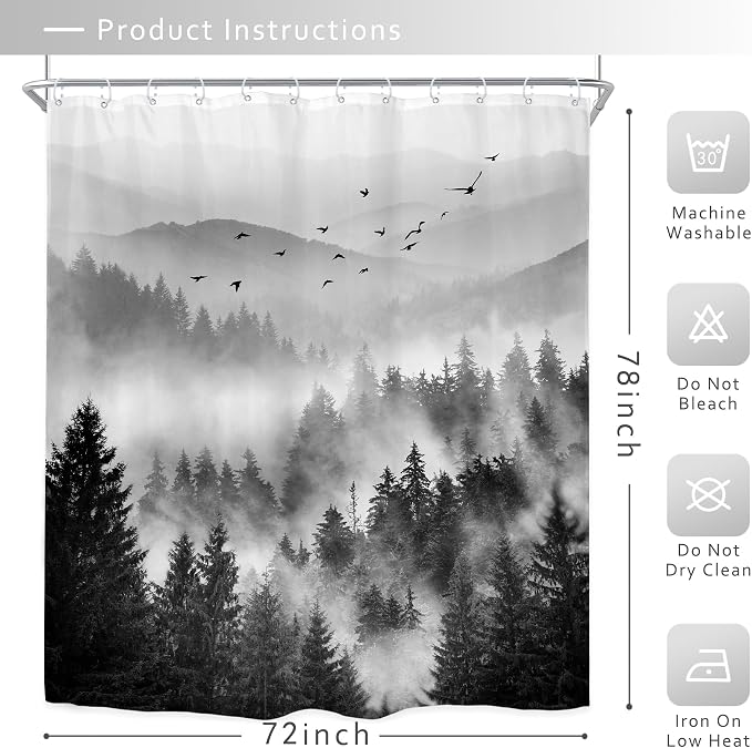 Riyidecor Extra Long Black and White Shower Curtain 72Wx78H Inch Foggy Scene - Image 5