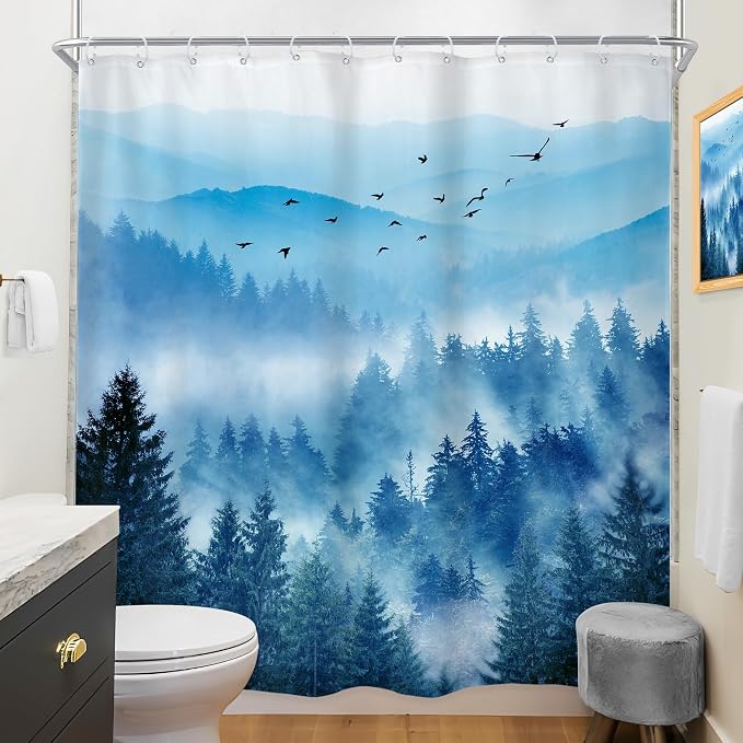 Riyidecor Navy Blue Mountain Shower Curtain 72Wx96H Inch Extra Long Nature - Image 4