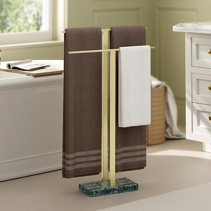 KES Standing Towel Rack with Green Natural Marble Base, 2-Tier Luxury Bath by KES