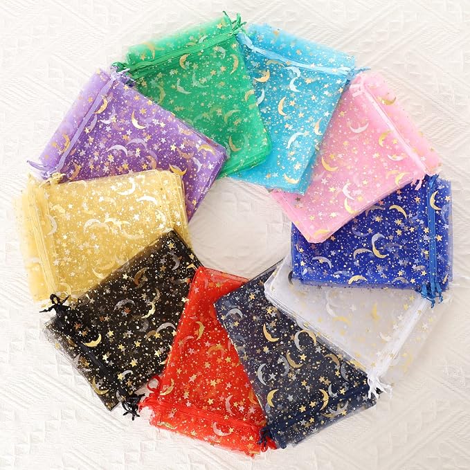 Hopttreely 100 Pieces Moon Star Organza Bags, Mixed Color 4x4.72 Satin - Image 3