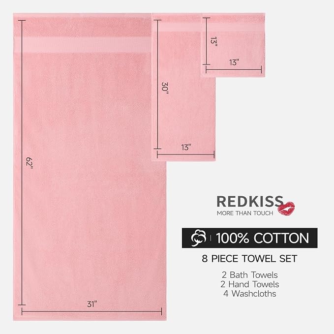 REDKISS Pink Towel Set of 8-100% Cotton Luxury Bath Towels Set - Image 4