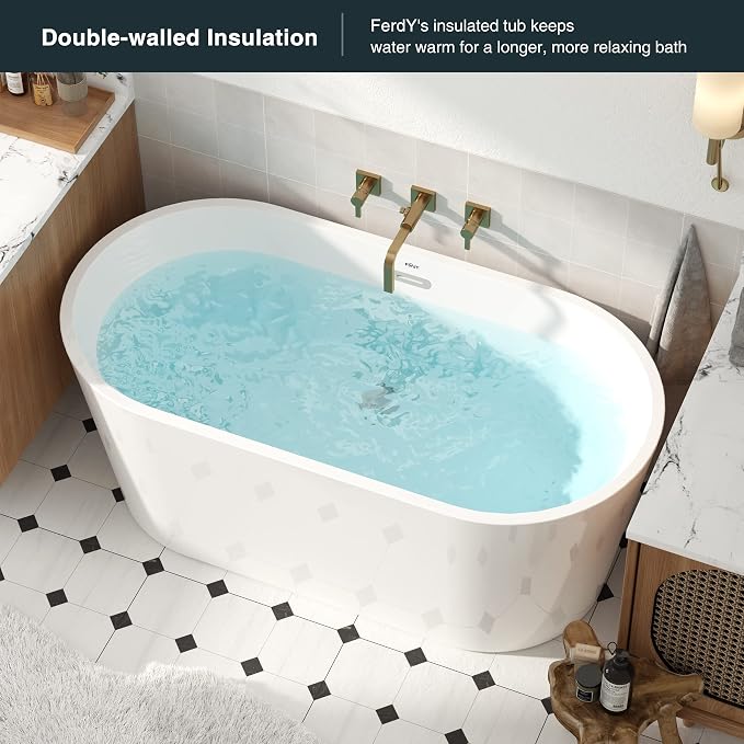 FerdY Luzon 55" Acrylic Freestanding Bathtub, Classic Oval Shape Soaking Bathtub - Image 3