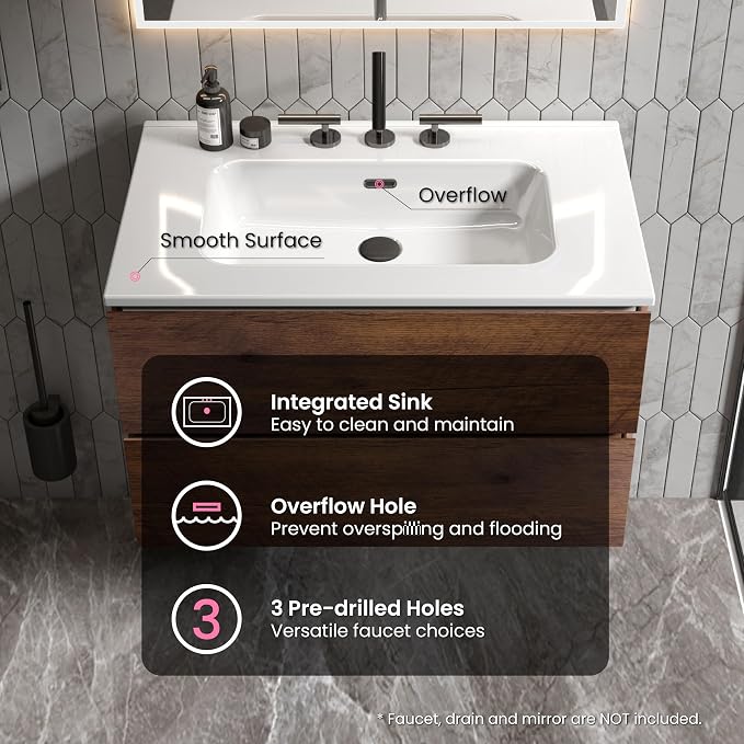 30" Bathroom Vanity with Sink, Modern Floating Vanity with Double Soft Closing - Image 4
