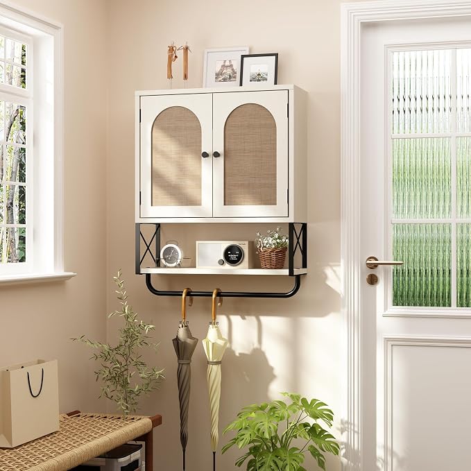 RUSTOWN Rattan Bathroom Wall Cabinet, Boho Over The Toilet Storage Cabinet - Image 5