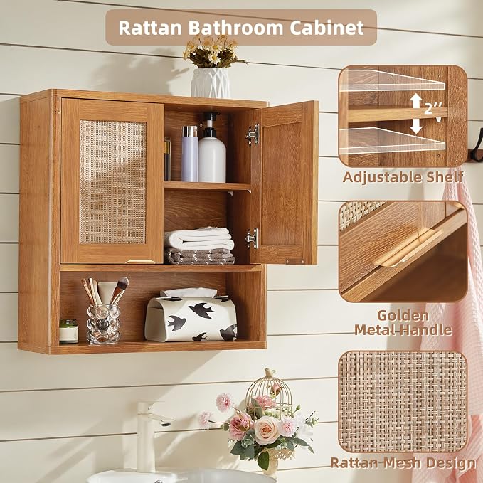 LEYAOYAO Rattan Bathroom Wall Cabinet, Boho Medicine Cabinet - Image 3