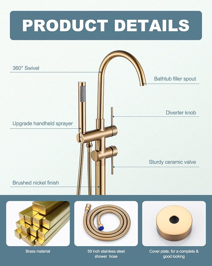 Freestanding Bathtub Faucet Brushed Gold, Floor Mount Tub Filler, High Flow - Image 4