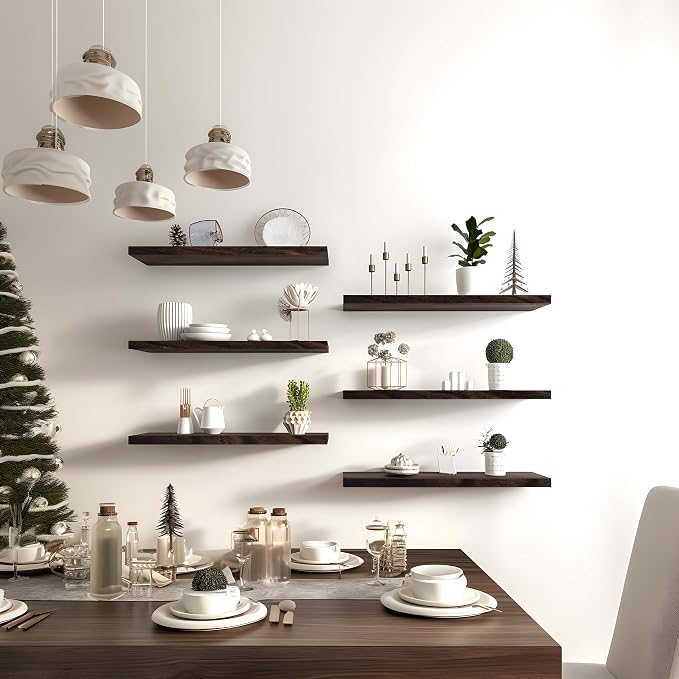 Brown Wood Floating Shelves for Wall Rustic Wall Shelves for Bedroom Set of 6 - Image 5