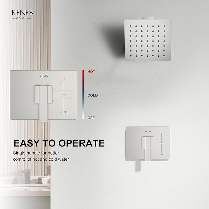 KENES Brushed Nickel 6-Inch Shower Head and Handle Set, Square Shower Faucet - Image 4