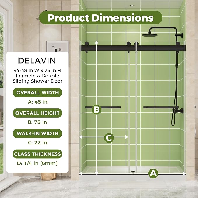 DELAVIN 44-48" W x 75" H Double Sliding Shower Door, 1/4" SGCC Tempered Glass - Image 8