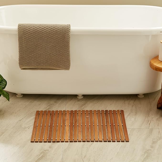 OLDTREE 15.78" W x 23.62" L Foldable Teak Shower Mat, Non Slip, Luxury Wood - Image 6