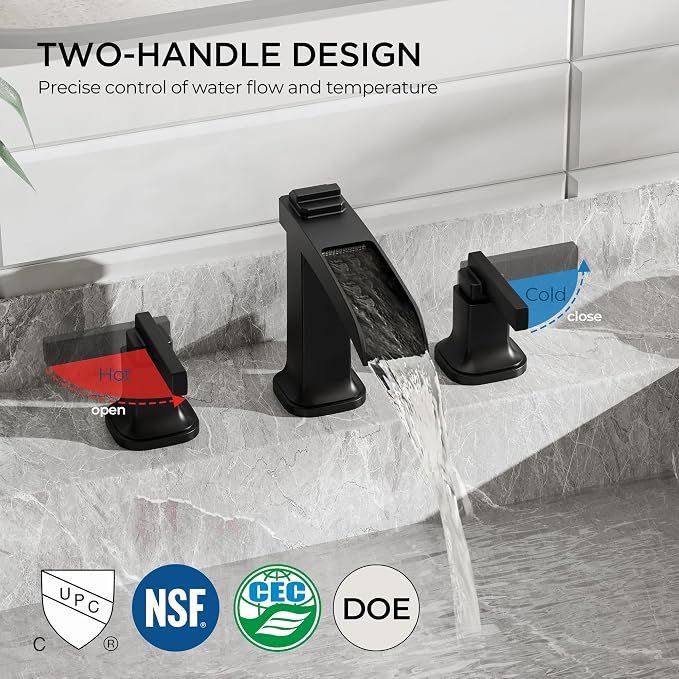 FORIOUS Brass Matte Black Commercial Bathroom Faucets 3 Hole, Waterfall Modern - Image 3