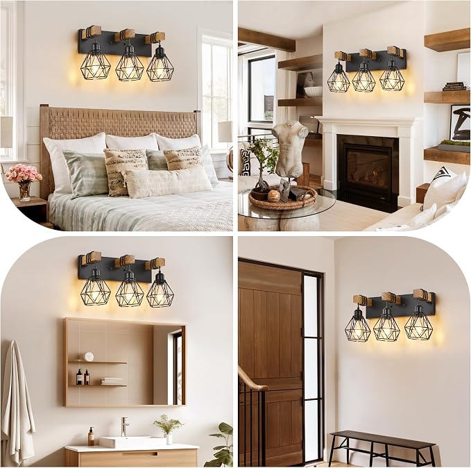 Farmhouse Vanity Light for Bathroom, 3-Light Wood Bathroom Vanity Light - Image 7