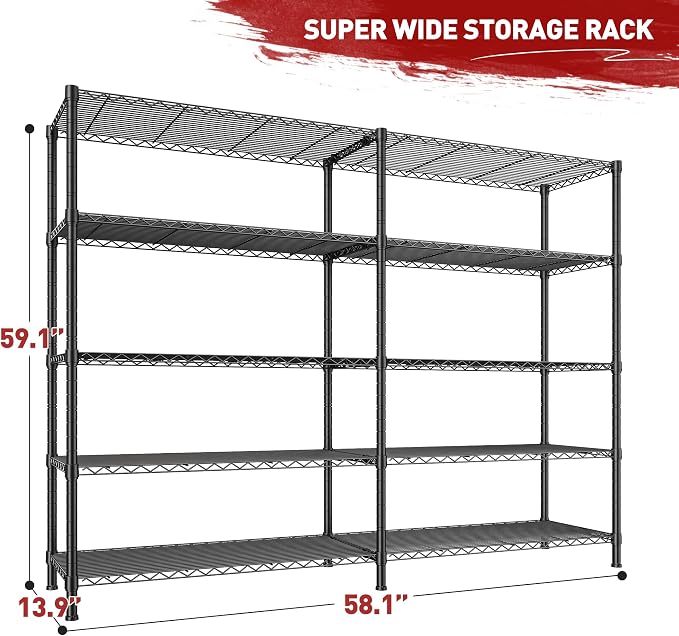 REIBII 1450LBS Shelves 5 Tier Metal Shelving Unit Storage Wire Shelving 58.1''W - Image 3