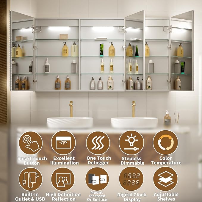 Lighted Medicine Cabinet with Mirror, Stepless Dimming & Defog, Wide Open - Image 7