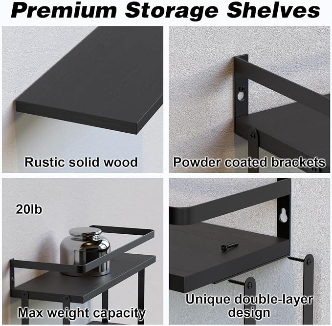 RICHER HOUSE Dual-Level Guardrail Floating Shelves, Rustic Wood Bathroom Shelf - Image 3