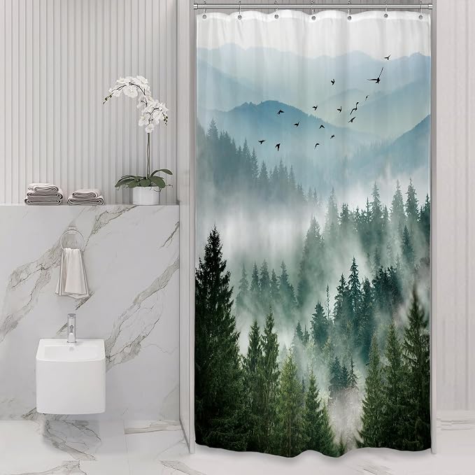 Riyidecor Small Stall Mountain Shower Curtain 36Wx72H Inch Green Rv Single by Riyidecor