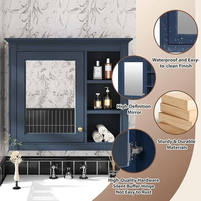 30'' x 28'' Blue Medicine Cabinet, Wall Mounted Bathroom Storage Cabinet - Image 5