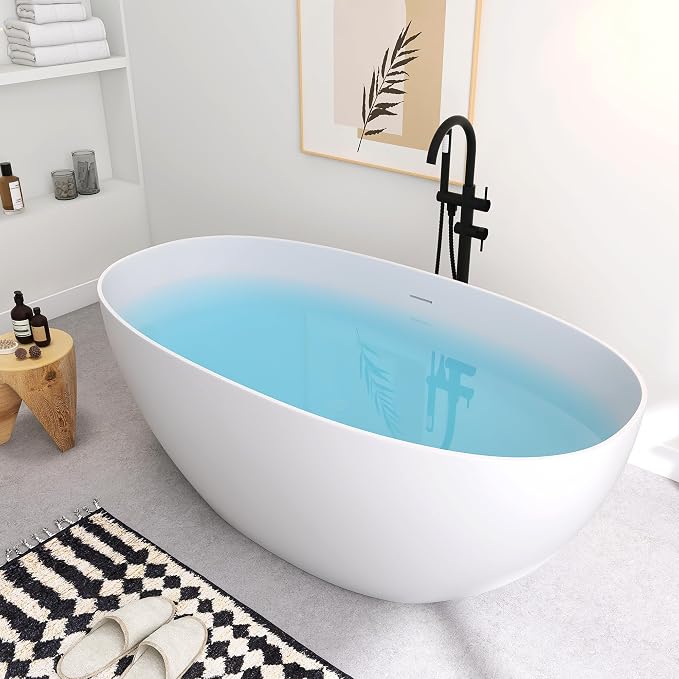 SJ STAR&JANE 59" Freestanding Solid Surface Bathtub, Oval Stone Resin Soaking - Image 2