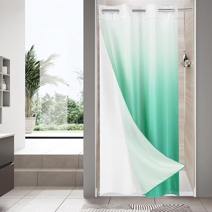 MitoVilla Teal Ombre Waffle Small Stall Shower Curtain Liner Set 36 x 74 by MitoVilla