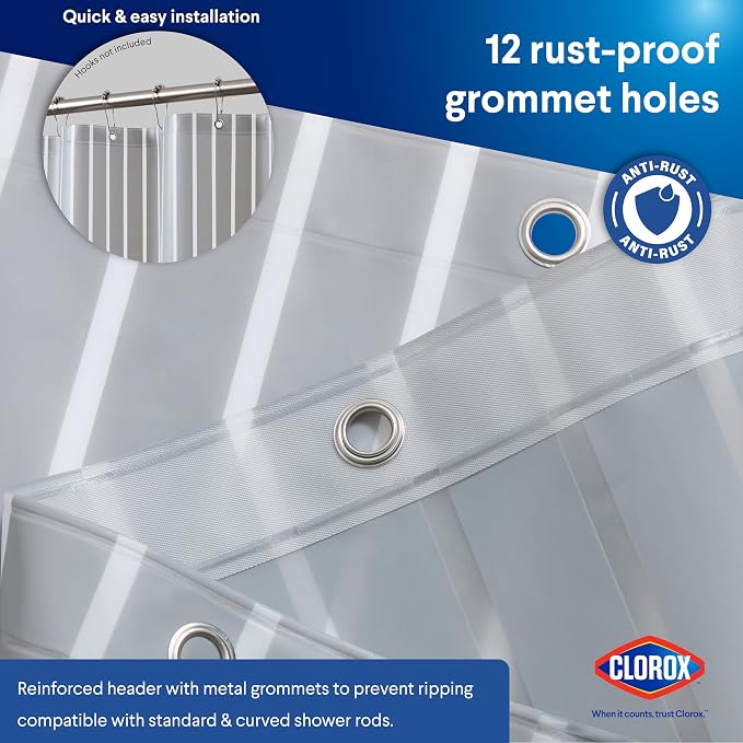 CLOROX Shower Curtain Liner, Premium Striped Medium-Weight Durable Waterproof - Image 7