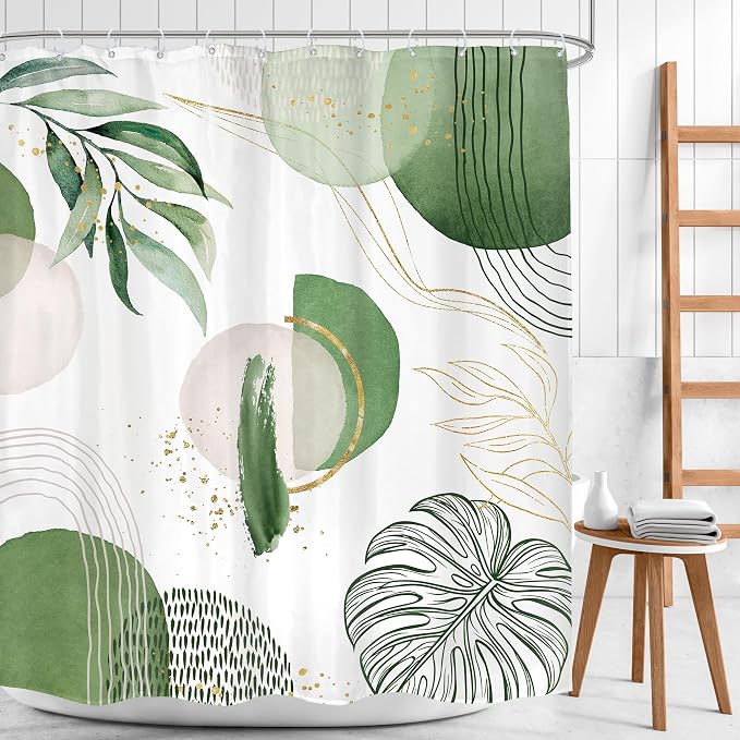 Green Boho Shower Curtain 60Wx72H Bohemian Mid Century Modern Abstract Palm - Image 2