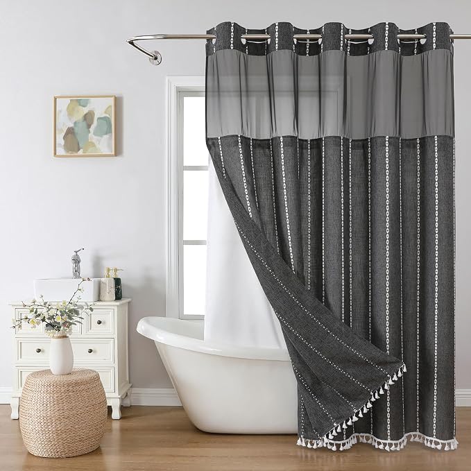 Boho Farmhouse No Hook Shower Curtain Set by EACHOPE