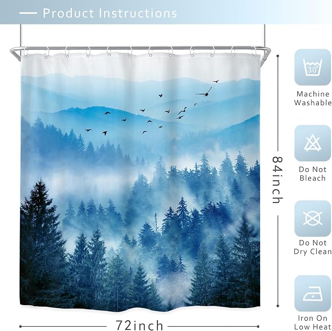 Riyidecor Navy Blue Mountain Shower Curtain 72Wx84H Inch Extra Long Woodland - Image 5