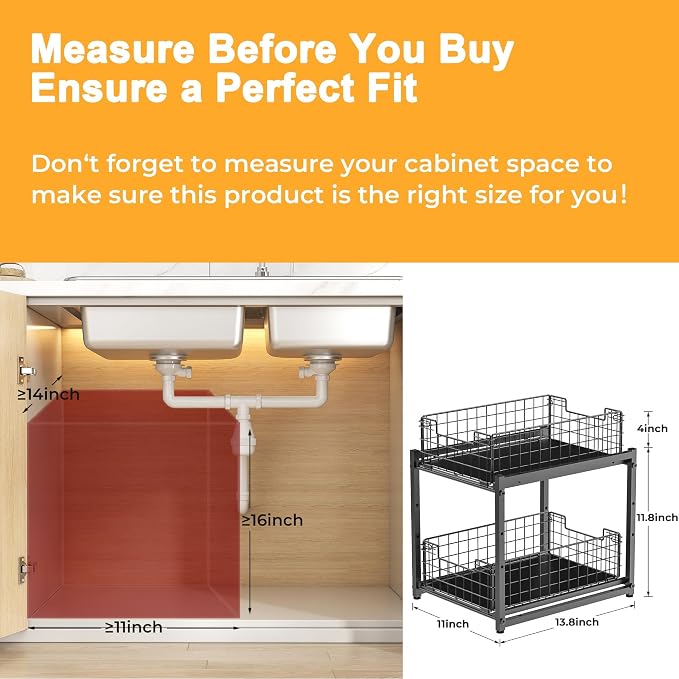 Under Sink Organizer, 2-Tier Pull Out Cabinet Organizer, Adjustable Height - Image 2
