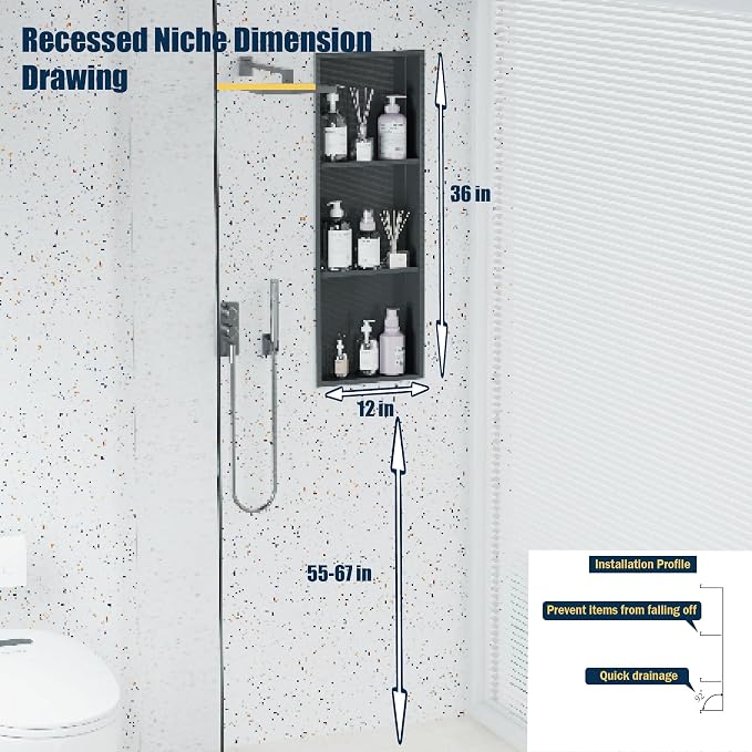Black Stainless Steel Shower Niche 36" X 12" ，Recessed Shower Shelf - Image 2