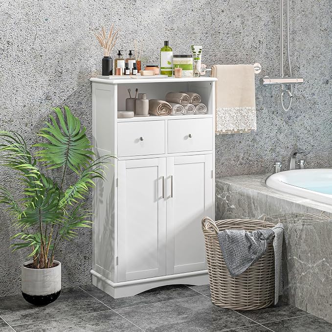 Tangkula Bathroom Cabinet, Floor Standing Storage Organizer w/2 Drawers & 2 - Image 2