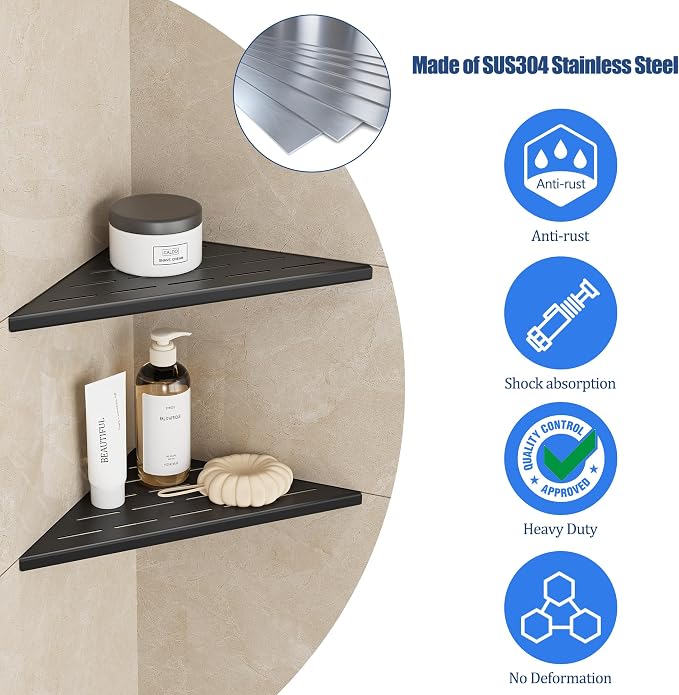 Neodrain 12 Inch Matte Black Corner Shelf Set of 2, Shower Shelves - Image 7
