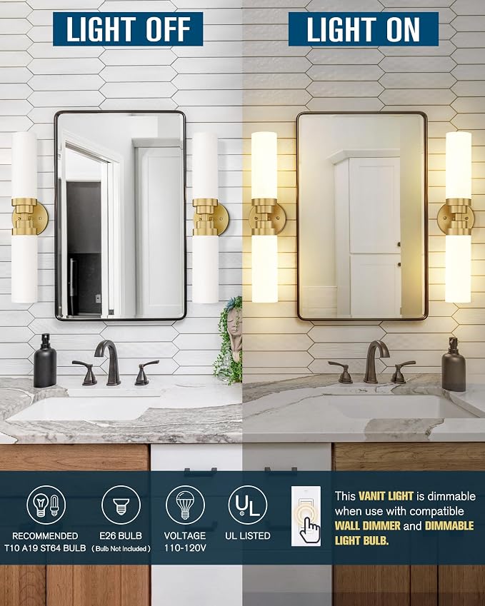 Emak 22 Inch Gold Bathroom Light Fixtures Over Mirror, 2 Light Bathroom Vanity - Image 2