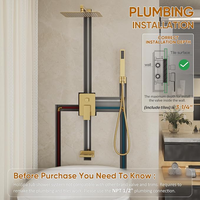 Gold Tub Shower System, All Metal Tub Shower Faucet Set - Image 2