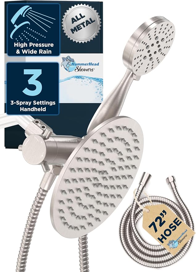 HammerHead Showers Dual Shower Head Combo, 8-Inch Rainfall & 3-Flow Handheld by HammerHeadShowers