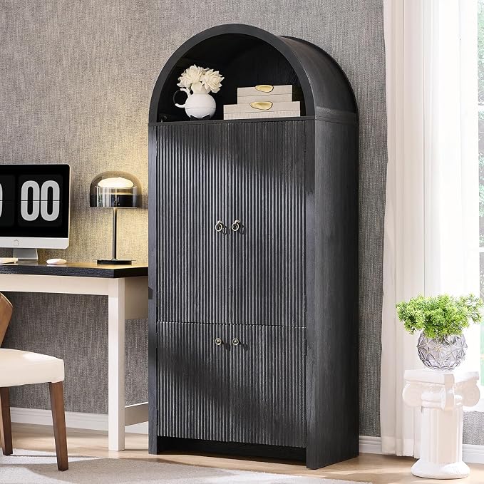 71" Tall Arched Kitchen Pantry, Modern Fluted Wood Storage Cabinet - Image 7