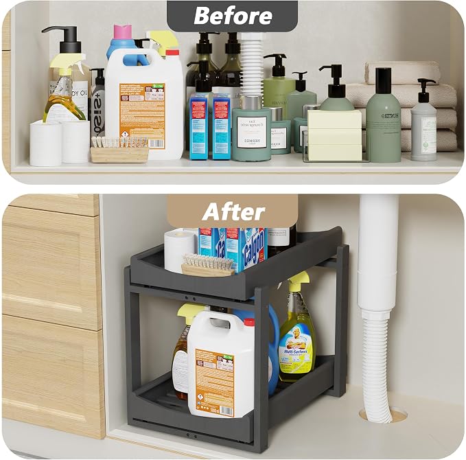 Bamboo Under Sink Organizer Adjustable Height 2 Tier Bathroom Organizer Pull - Image 4