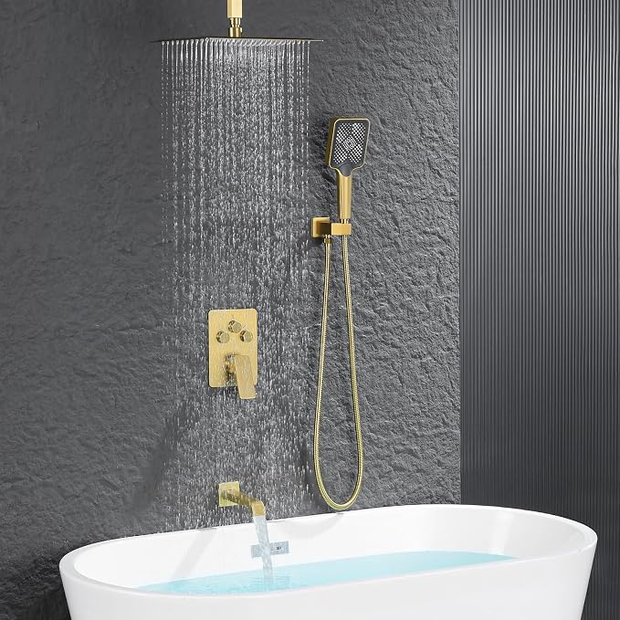 Bathtub Shower Faucet Set with Pressure Balance Valve, Brushed Gold - Image 2